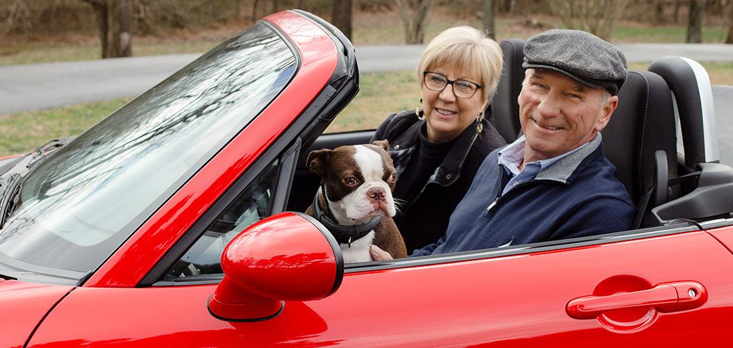 A Retired Couple taking a leisurely drive with their dog