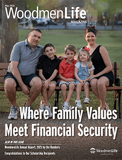 Family of five sitting on a bench outdoors on the cover of WoodmenLife Magazine featuring family values article